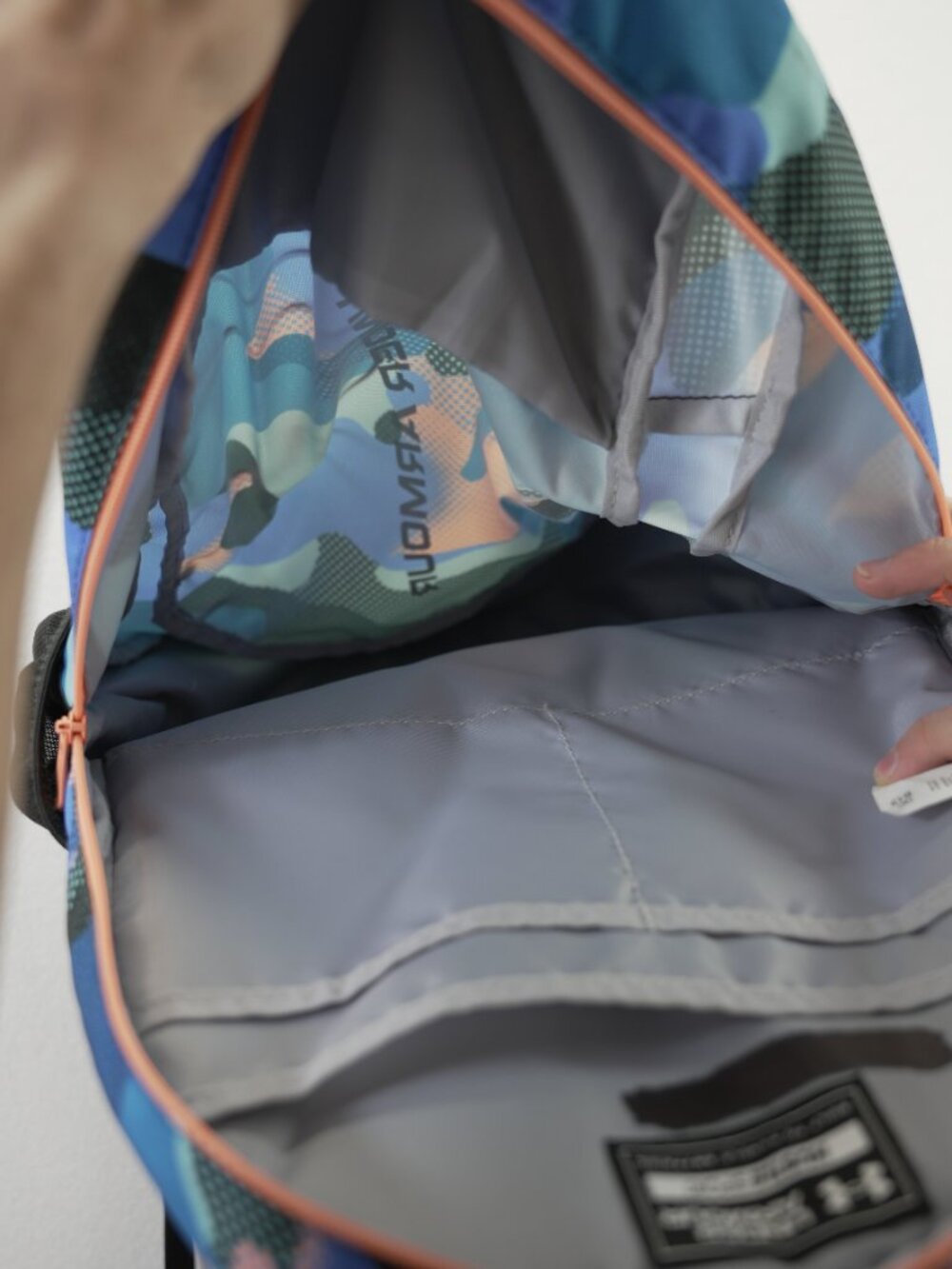 Under Armour UA Backpack Storm Blue Camouflage/ Peach School Hiking - Picture 7 of 7